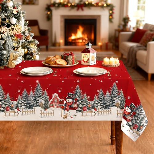 Tischdecke Weihnachten Rot 136x248cm, Abwaschbare Weihnachtstischdecke