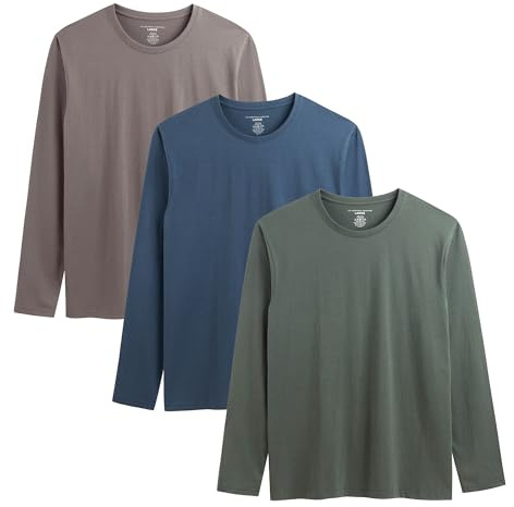Mens Long Sleeve T-Shirts 3 Pack Multicoloured Breathable Shirts for Gents Comfortable Soft Hand Feel Long Tee Crew Neck 100% Cotton Top Size S-XXL (UK, Alpha, M, Regular, Regular, Blue/Taupe/Khaki)