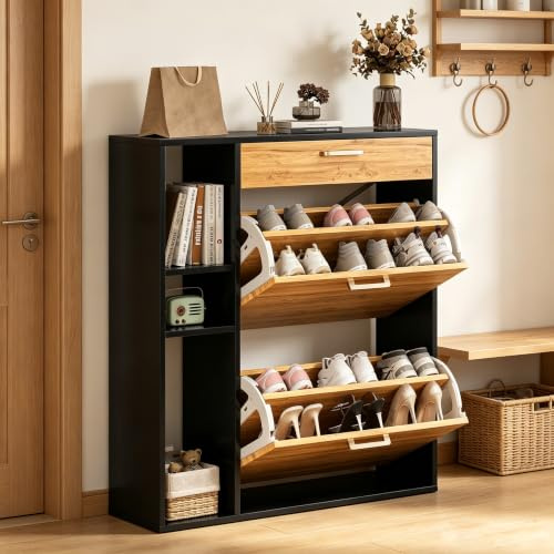 Ztexkee Schuhschrank mit 2 Klappen Schmal Schuhschrank mit 1 Schublade und 3 Ablagefächer platzsparender Schuhregal für 18-24 Paar Schuhe für Eingang Flur, 80x24x90cm Schwarz Orange