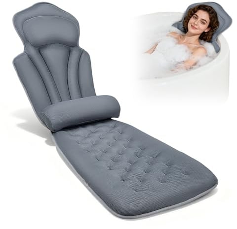 Oreiller de Bain avec Soutien Lombaire renforcé · 144 ventouses · Ensemble Oreiller de Bain 4D Moelleux avec Appui-tête et Oreiller supplémentaire Amovible · 133 x 41 cm ·(Gris)