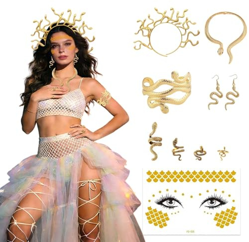 Henjunu Medusa Kostüm Zubehör Set,Medusa Schlangen Kopfschmuck+Schlange Choker Halskette+Schlangenring+Schlangenarmband,Schlangen Schmuck, Karnevals- und Halloween-Accessoires