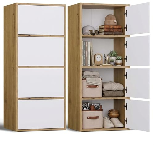 CDF Kommode Mehrzweckschrank 4 Türen Highboard Allzweckschrank Hochkommode | Flurschrank für Wohnzimmer Büro Flur Schlafzimmer Aktenschrank Weiß/Eiche Artisan Regalschrank 16 mm Platte 40x50x119 cm