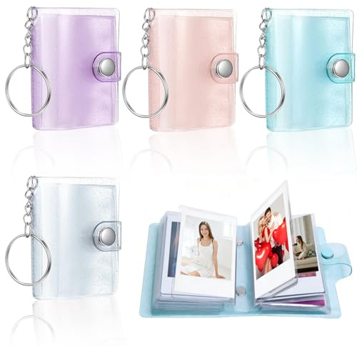 XRVRILE Mini Fotoalbum Schlüsselanhänger Foto, 4 Stück Glitzer Fotoalbum 2 Zoll mit 20 Fotos, PVC Mini Foto Buch mit Knopfverschluss, Kleine Erinnerungen Geschenkidee für Paare Freunde Familie