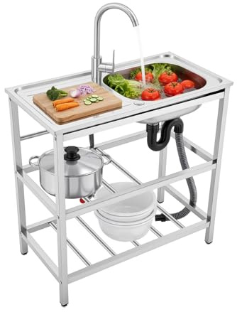 LENJKYYO Lavandino da cucina, in acciaio inox, 1 lavandino da esterno con base e piano di lavoro, lavandino autoportante con rubinetto caldo freddo, armadietto per esterni, cucina, campeggio