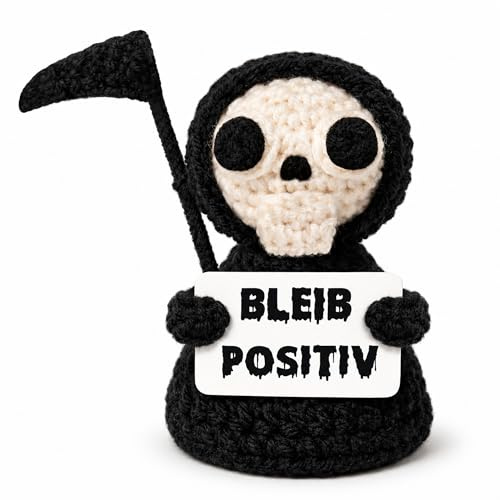 QMofeixiaodianQ Sensenmann Häkelpuppe Bleib Positiv Lustige Deko | Witzige Dekofigur für Schreibtisch & Büro. Kleine Aufmerksamkeit mit schwarzem Humor. Coole Geschenkidee für Kollegen!