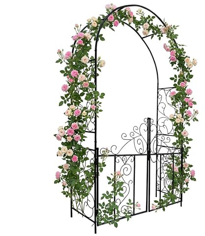 Relaxdays Rosenbogen mit Tor, Ranken Ornamente, Vorgarten & Garten, schwarz | Torbogen HxBxT: 230 x 130 x 38 cm, Metall