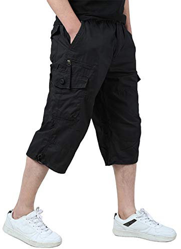 KEFITEVD Men's Long Shorts Cropped Cargo Trousers Knee Length Shorts Loose Fit Capri Short Pants,Black,32
