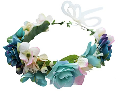 Brikuinr Floral Crown Headband Boho Hair Wreath Hair Garland Flower Halo | Flower Headband Floral Headpiece for Halloween Renaissance Wedding Party Prom Cosplay Costume, Bridal Shower, Photo Blue