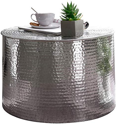 Wohnling Couchtisch 61 x 40,5 x 61 cm Aluminium Silbern Beistelltisch Orientalisch Rund, Flacher Hammerschlag Sofatisch Metall, Design Wohnzimmertisch Modern, Loungetisch Indisch Stubentisch