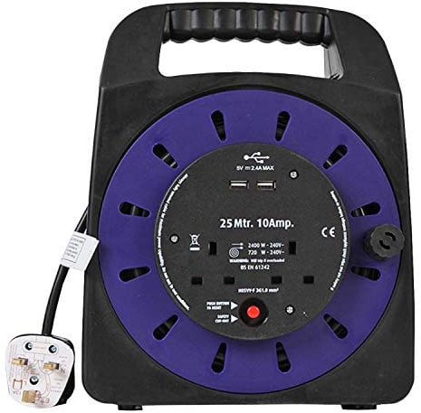 Ex-Pro 2 Way 25M Mains Socket Cassette Reel Extension Lead Cable with 2x USB Charging Ports and Safety Cut-Out Switch 10A - Ideal for Workshops, Offices, Warehouses, DIY and more - Black/Blue
