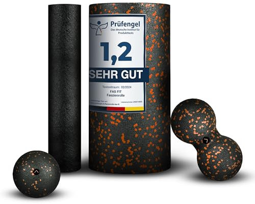 Fas Fit Juego de rodillos de espuma para fascia – Juego de rodillos de masaje y bolas de fascia – Rodillo para un entrenamiento eficaz de la fascia – Incluye póster, cuaderno de ejercicios