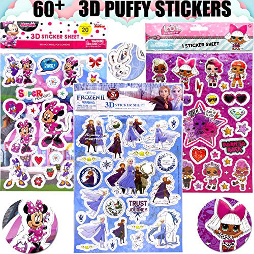 Disney Girls Raised 3D Puffy Stickers Ultimate Variety Pack 3 Sheets - Disney Frozen, Minnie, LOL Diva Dolls for Gifts, Party Favor, Reward, Scrapbooking, Children Craft, Activity, Play, School