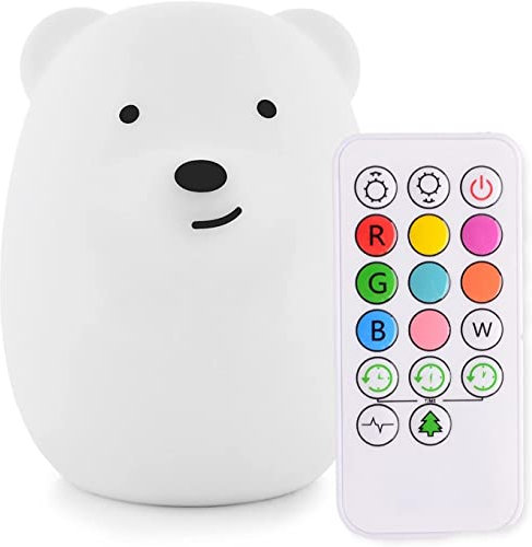 Tekemai Grande taille Veilleuse Enfants, veilleuses, lampe de chevet en silicone portable, lumière multicolore avec télécommande, luminosité et couleur réglables, cadeau enfant - grand ours