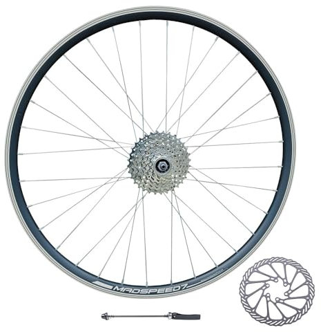 QR 700c 28 (ETRTO 622x19) Hybrid Bike REAR Wheel + 8 speed Freewheel (11-32t) + 160mm Disc Rotor - Sealed Bearing (6 Bolt) Disc Brake Hub (Very Smooth hub) - Double Wall – 32x Silver Spokes