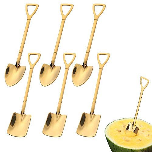 FansQ 6 Edelstahl-Spatenlöffel, schaufelförmiger kreativer Schaufelnetz-roter Löffel, Wassermelonenlöffel Milchtee Kaffee-Zuckerlöffel Eisdessertlöffel (golden)