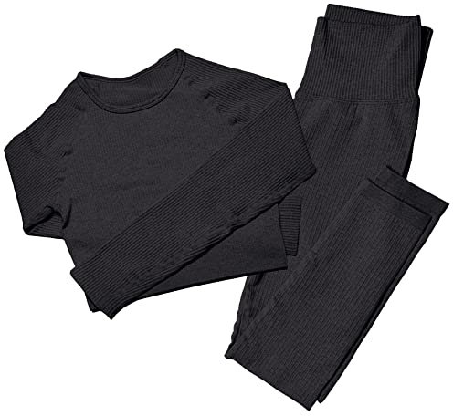 MAYROUND Nahtlose Frauen Yoga Sets 2 Stück Gerippt | Langarm Top und Hohe Taille Leggings Gym Kleidung Set | Damen Sportswear Set