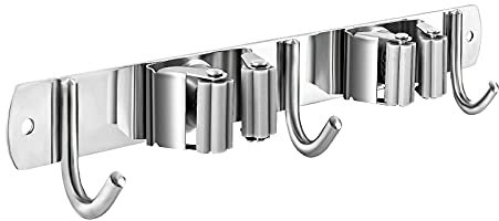 Nuulyycyi Soporte para escoba y fregona montado en la pared, colgador para escobas, soporte para escobas, estantes de acero inoxidable resistentes para lavandería, garaje, jardín, baño (2 estantes y 3