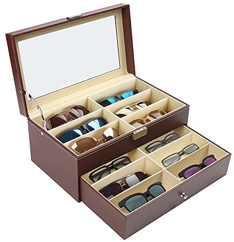 Kurtzy Scatola Porta Occhiali da Sole in Similpelle Marrone - 12 Slot per Occhiali - Organizer Occhiali da Sole a 2 Livelli con Serratura e Cassetti - Portaocchiali Multiplo per Gioielli ed Orologi