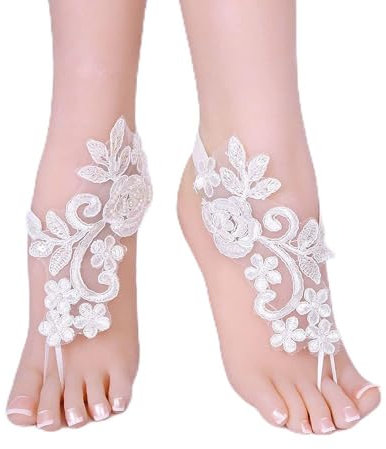 Mnixy Hochzeits-Fußkettchen aus Spitze mit Blumenmuster, 1 Paar Sandalen, Hochzeits-Fußkettchen, Hochzeit, Barfuß-Sandalen, Spitzen-Fußkettchen, perfekt für Strandhochzeiten, Party, 36-40 yards,
