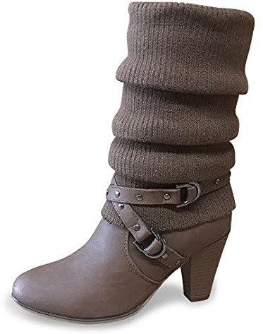 Queen Tina Damen Stiefeletten Absatz Strick Stiefel Herbst Winter Schuhe Reißverschluß ST62 (Braun, numeric_41)