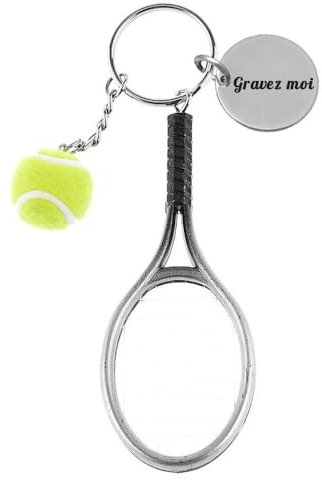 Porte-clés Raquette Fil De Nylon Et Balle De Tennis Verte Argenté Gravure Personnalisée Sur Médaille