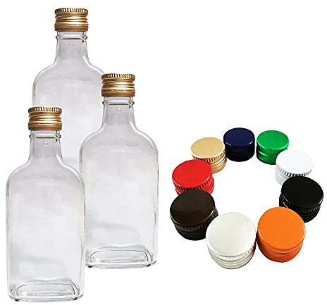 10 x Flask Glass Bottles 200 ml (0.2L) & Metal Screw Caps (Twist on Lids) - Home Brewing Gin Oil Vinegar Wine Vodka - DIAH (MIX Screw Caps)