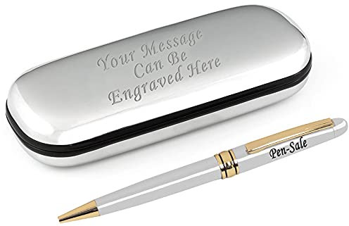 Paul Clover Personalised Engraved Pen and Engraved Classy Chrome Case - Personalised Gifts for Anniversary, Christmas, Gifts For Men and Women - Enter Your Custom Text (Silver Gold Trim)