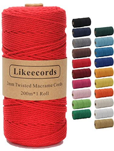 Likeecords Makramee Garn 2mm x 200m Baumwollgarn Makramee-Seil, Makramee-Schnur,Bunte Baumwoll-Bastelschnur zum Aufhängen Pflanzenaufhänger Basteln Stricken (Rot)