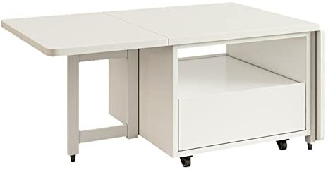 Massivholz-Beistelltisch, klappbarer Couchtisch, Multifunktions-Esstisch, Klapp-Teetisch aus Massivholz mit Rollen, abgerundete Ecken, für Wohnzimmer, Esszimmer, Küche, Schlafzimmer, 1,4 m, weiß