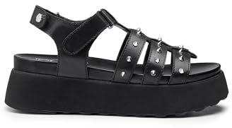 Cult CLW386100 Janis Black Sandalen für Damen aus Leder mit Nieten mit hohem Keilabsatz, Schwarz , 38 EU