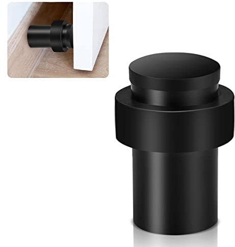 TOKPLNU Door Stoppers, 50mm Black Door Stop Floor Mounted Heavy Duty Stainless Steel Floor Wall Door Stoppers for Skirtings, Modern Tall Outdoor Doorstop with Rubber Tip & Ring, 1 Pack
