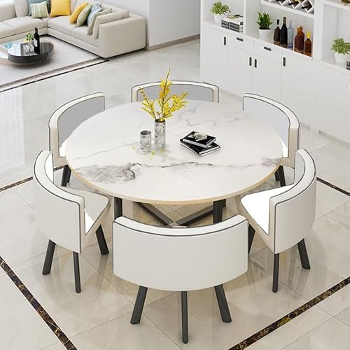 Runder Esstisch mit 6 Stühlen Set Büro Easy Konferenztisch Besprechungstisch Tisch Empfang for Esszimmer,Küche & Wohnzimmer,110x110 cm(Bianco)