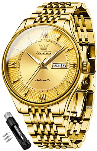 OLEVS Automatische Herren-Armbanduhr, selbstaufziehend, mechanisch, Business, Luxus, Edelstahl, wasserdicht, leuchtend, Tag und Datum, 6657: Goldfarbenes Band und goldenes Zifferblatt, G