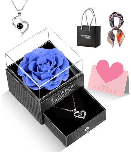 Mothers Day Gift For Her Mum Eternal Rose Flower Birthday Present For Women Preserved Real Rose With I Love You Necklace in Gift Box for Girlfriend Wife Daughter on Christmas Valentine's Anniversary