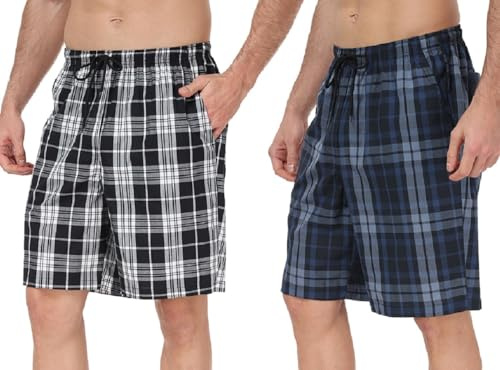Lot de 2 Bas de Pyjama Homme Short Pyjama Homme Pantalon de Pyjama Court avec des Poches Vêtements de Nuit Short à Carreaux en Coton pour la Maison, Noir Blanc/Bleu Foncé, L