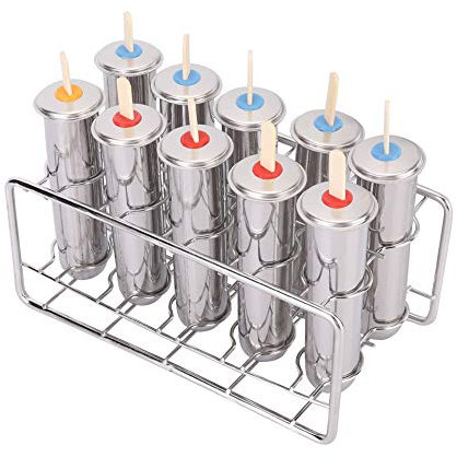 Kit de Moules à Glace en Acier Inoxydable, Lot de 10 Machines à Glace en Métal pour Machine à Glace Faite Maison avec Bâtons en Bois, Brosse de Nettoyage