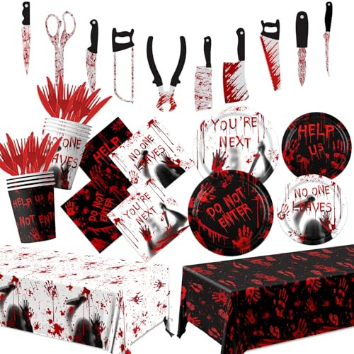 Halloween Party Supplies Tableware,142pcs Killer Birthday Party Decorations Dinnerware Include Bloody Plates and Napkins Cups Tablecloth for Horror Birthday decorations Scary Party Decorations