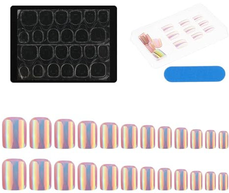 24 Pcs French False Nails Short, Chrome Press on Nails Short Glue On Nails Short with Glue and Nail File Short Square Press on Nails Short Fake Nails Stick On Nails for Women