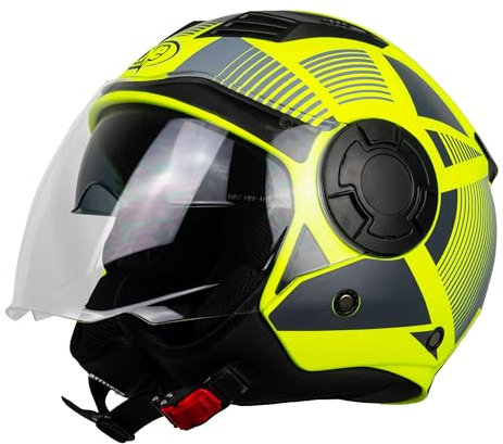 One by Camamoto | Casco Alfa 2.0 Jet/Demi-Jet per Moto e Scooter, Giallo Fluo - Grigio Opaco, Doppia Visiera, Omologato ECE R22-06, Taglia L (59 cm)