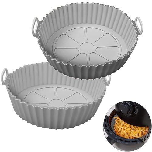 2PCS Round Silicone Air Fryer Liner for 3.8-5L, Ninja AF100UK & T17021 Silicone Liners,Reusable Air Fryer Accessories Food Grade Liner,Compatible with Ninja, Tower, COSORI, Tefal, Aigostar (Grey)
