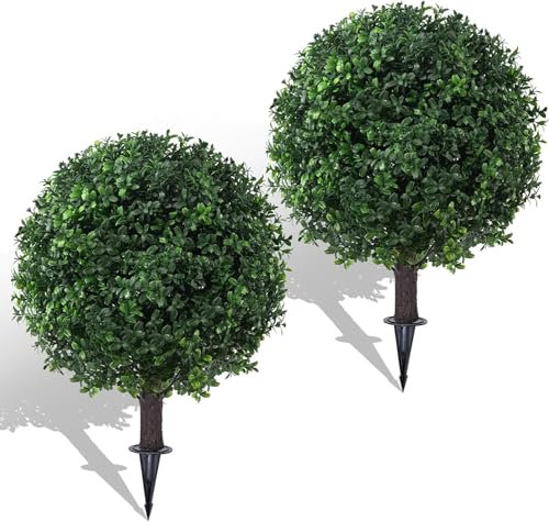 ENVEN Künstlicher Buchsbaum-Formschnitt-Baum, Outdoor-Pflanzen mit Spike, 2 Stück, künstliche Formschnitt-Kugelsträucher, UV-beständig, künstliche Sträucher für Innen- und Garten, Hof, Veranda