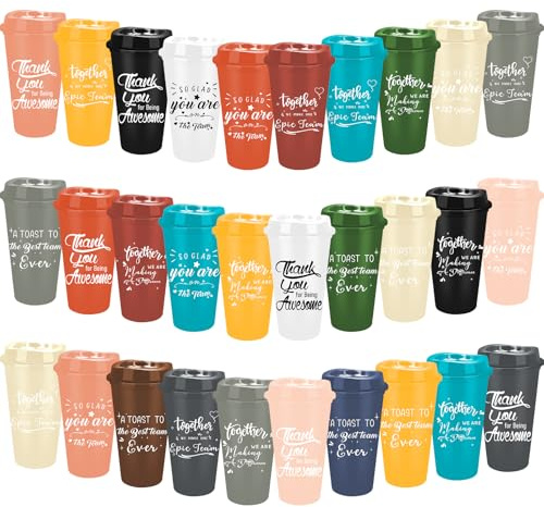 PQHIQ 30 Pack Thank You Coffee Cups with Lids, 470ml Plastic Travel Mugs | Employee Appreciation Gifts for Staff, Teachers and Nurses 15 Colours for Team Events