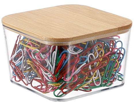 OGANAZI Klammernspender Kunststoffbox mit Bambus Deckel 7,7x7,7x5,5cm | Transparent Büroklammern Spender Vielseitig klein Aufbewahrungsbox Schreibtisch Organizer für Paper Clip, Briefklammern