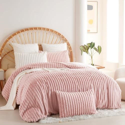 Covebett Plüsch Bettwäsche 220x240 Rosa Uni Winter Warm Shaggy Cashmere Touch Flauschig Plüschbettwäsche Set Gestreift Luxus Felloptik Wende Bettbezug Reißverschluss und 2 Kissenbezug 80x80 cm