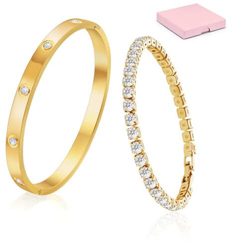 Ouxayapl Armband Damen Gold Tennisarmband, 18K Gold Armband Cubic Zirkonia Armreif, Tennisarmband Armband Damen, 2 Stück GoldArmbänder Damen Schmuck Set Geschenk für Geschenke Geburtstags für Frauen