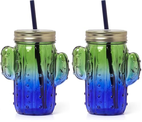 Legami - Vaso de cristal con tapón y pajita, Cheers, 11 x 14,5 cm, 350 ml, de vidrio, plástico, acero inoxidable, tema Cactus, jarra con mango en forma de planta suculenta, tapón de rosca (JAR0002)