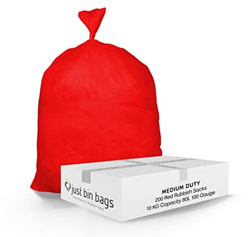 Rubbish Bags 80l Medium Duty Coloured Refuse Sacks Bin Liners - 100 Gauge, 25 Micron, Weight Capacity 10kg - 45cm x 72cm x 97cm (200 Bags) - Red