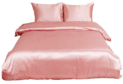 sourcing map Parure de Lit Housse de Couette + 2pcs Taies d'oreiller Ensemble 3pcs en Satin Microfibre Respirante Soyeux Douce Rose 230x230cm + 51x76cm