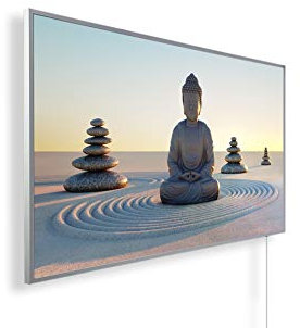 Könighaus 800W Infrarotheizung mit Bild in HD Qualität - inkl. Thermostat - TÜV SÜD + 5 Jahre Garantie - Doppelter Überhitzungsschutz - Infrarot Wandheizung - Motiv: 123. Buddha im Sand