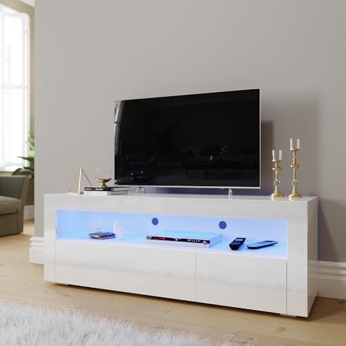ELEGANT 1200mm Modern High gloss TV Stand Cabinet with Ambient Light for 22-47 Flat Screen 4k TVs/LED Light TV Cabinet with Shelves and Drawers for Living Room Bedroom, White